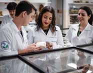 Estudantes do curso de Licenciatura em Ciências Biológicas da Unoeste participam de aula prática em laboratório. Eles usam jalecos brancos e analisam amostras de rochas e minerais, expostas em vitrines de vidro. O ambiente é organizado, com prateleiras contendo materiais científicos ao fundo.