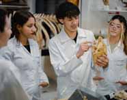 Grupo de estudantes do curso de Licenciatura em Ciências Biológicas da Unoeste em Presidente Prudente participa de atividade prática em laboratório. Usando jalecos brancos, observam atentamente um colega que segura e aponta para um crânio animal, com esqueletos expostos e prateleiras ao fundo.