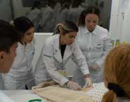 Grupo de alunas de Enfermagem em jalecos brancos ao redor de um manequim de paciente em uma cama de hospital, praticando procedimentos sob supervisão em laboratório.