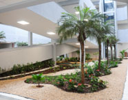 Jardim interno do campus Unoeste Guarujá, com caminhos de pedrinhas claras, canteiros de plantas variadas e palmeiras altas. Estrutura moderna, com rampas de acesso, elevador panorâmico e iluminação suave. Espaço pensado para convivência, integração e bem-estar dos estudantes, reforçando o cuidado ambiental da instituição.