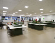Ampla área de convivência no campus da Unoeste Jaú, com mesas grandes de tampo branco e bases verdes, rodeadas por cadeiras pretas. Vasos com plantas decoram as mesas. Ambiente interno bem iluminado, com teto rebaixado e piso claro, ideal para integração dos estudantes do curso de Educação Física.