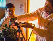 Estudantes de Ciências Biológicas, formação pedagógica, da Unoeste analisam plantas em laboratório. Um aluno utiliza equipamento tecnológico com luz vermelha direcionada a folhas verdes, enquanto outro observa o processo. O ambiente tem iluminação amarelada, destacando o uso de tecnologia no ensino botânico.
