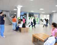Faculdade de administração em Guarujá convivência entre alunos: alunos e professores circulam e conversam em um espaço interno amplo, moderno e bem iluminado. Bancos de madeira, plantas decorativas e ambiente descontraído reforçam a integração, a troca de experiências e o acolhimento no dia a dia do campus, incentivando a formação pessoal e acadêmica.