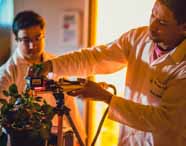 Estudantes do curso de Ciências Biológicas da Unoeste realizam análise prática de plantas em laboratório. Um aluno utiliza um equipamento moderno, com luz vermelha, direcionado para folhas verdes sobre a bancada. O ambiente é iluminado por luz amarela, destacando o uso de tecnologia no estudo botânico.