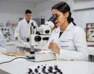 Aluna do curso de Ciências Biológicas da Unoeste em Presidente Prudente utiliza microscópio durante atividade prática. Ela veste jaleco branco identificado com nome e curso, enquanto examina insetos organizados em bandejas. O laboratório é moderno, com outros estudantes ao fundo e materiais científicos expostos.