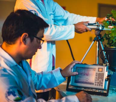 Dois estudantes do bacharelado em Ciências Biológicas da Unoeste realizam atividade prática em laboratório. Um deles opera um equipamento eletrônico com tela azulada, enquanto o outro manuseia sensor conectado a plantas em vaso sobre a bancada. O ambiente é iluminado.