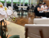 Orquídea branca em primeiro plano, com alunos da Faculdade de Alimentos em Presidente Prudente estudando ao fundo, simbolizando ambiente de aprendizado.