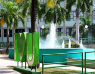 Fonte com a escultura I LOVE U no campus da Faculdade de Mídias Sociais Digitais, com palmeiras e edifícios ao fundo.