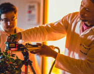 Alunos da Faculdade de Biotecnologia em laboratório, analisando plantas com equipamentos de medição, focando em pesquisa e desenvolvimento vegetal.