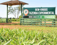 Placa de boas-vindas à Fazenda Experimental da Faculdade de Silvicultura em Presidente Prudente, com área verde e estrutura de madeira ao fundo.