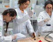 Três estudantes do curso de Nutrição, usando jaleco branco e luvas, realizam análise química em laboratório. Uma aluna anota dados, outra manuseia uma pipeta e a terceira segura um frasco com líquido escuro. Tubos de ensaio e vidrarias estão sobre a bancada de granito, compondo ambiente científico e acadêmico.