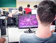 Sala de informática cheia, com estudantes do curso de Design de Interiores usando computadores. Monitor em destaque exibe ilustração digital com formas rosas interligadas e texto explicativo. Ao fundo, lousa verde e diversos alunos concentrados em atividades digitais na instituição.
