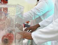 Detalhe das mãos de estudantes de Engenharia Mecânica da Unoeste, em jalecos brancos, manipulando equipamentos de laboratório de hidráulica. Em primeiro plano, caixa transparente cheia de água e pedras, tubos vermelhos e instrumentos de medição, evidenciando o foco na prática experimental do curso.