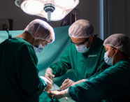 Alunos de Medicina da Unoeste Guarujá treinam procedimentos invasivos em laboratório, utilizando braço artificial para simular punção venosa. Todos usam aventais verdes, toucas e luvas, manipulando seringas e bolsas de fluido, desenvolvendo habilidades clínicas.