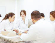 Grupo de alunos de Medicina em jalecos brancos em aula prática, estudando e discutindo modelos anatômicos de órgãos sobre a mesa em laboratório.