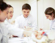 Alunos de Medicina em jalecos brancos engajados em aula prática de laboratório, com um aluno central examinando atentamente um modelo anatômico de órgãos sobre a mesa.