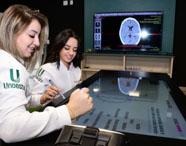 Duas alunas de Medicina da Unoeste Jaú utilizam mesa digital interativa para estudar anatomia. Ambas usam jaleco com logo da instituição. Ao fundo, tela exibe imagem de tomografia cerebral, destacando tecnologia avançada no ensino médico.