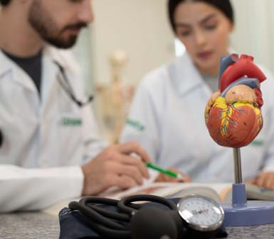 Dois estudantes de Medicina da Unoeste Jaú, usando jalecos brancos e estetoscópio, estudam juntos em uma mesa com livros abertos. Em primeiro plano, há um modelo anatômico colorido de coração humano e um esfigmomanômetro preto, representando o ambiente acadêmico e prático do curso.