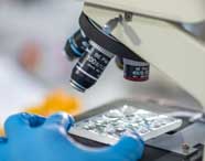 Close de mão enluvada ajustando lâmina sob microscópio óptico em laboratório de microbiologia. As lentes do equipamento mostram ampliações variadas, evidenciando o detalhamento das análises realizadas por estudantes de Farmácia.