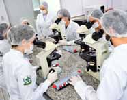 urma de alunos com jalecos brancos, toucas e máscaras sentados ao redor de bancada de pedra, cada um operando microscópios ópticos. No centro da bancada há equipamentos eletrônicos e materiais de apoio. Ambiente claro, mobiliário branco e organização típica de laboratório