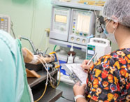 Ambiente cirúrgico veterinário da Unoeste com monitoração intensiva. Profissional anota dados em prancheta enquanto cão anestesiado recebe cuidados, com pata conectada a sensores e soro. Ao fundo, equipamentos de monitoramento e infusão eletrônica.