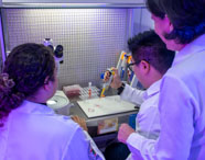 Três estudantes de Zootecnia, vestidos com jalecos brancos, realizam experimento em laboratório de microbiologia. Um deles manuseia micropipeta sobre bancada com placas de Petri e tubos de ensaio. Equipamentos como microscópio e centrífuga aparecem ao fundo, destacando a infraestrutura da instituição.