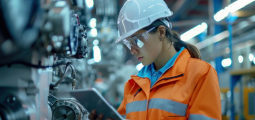 Fotografia de uma mulher atuando em um ambiente industrial. Ela tem pele clara, cabelos escuros presos em um rabo de cavalo e veste um capacete de segurança branco, óculos de proteção transparentes, camisa azul polo e uma jaqueta de alta visibilidade laranja com faixas refletivas cinzas. Ela segura um tablet com ambas as mãos, olhando concentrada para a tela. Ao fundo, o cenário desfocado mostra tubulações, válvulas e maquinário metálico típico de uma planta de produção.