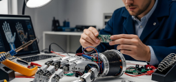 Um jovem técnico vestindo um jaleco azul escuro trabalha em uma bancada de eletrônica de forma concentrada. Ele segura uma pequena placa de circuito impresso verde com as duas mãos. Em primeiro plano, sobre a mesa, destaca-se uma prótese de mão robótica prateada e articulada com fios coloridos expostos. Ao redor, há ferramentas como ferro de solda, multímetro digital amarelo e, ao fundo, a tela de um notebook exibindo o modelo anatômico digital da mão em fios.