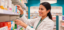 Uma farmacêutica sorridente de cabelos escuros e vestindo jaleco branco está em pé de perfil em um corredor de farmácia. Ela estende as duas mãos para organizar caixas de medicamentos dispostas em uma prateleira branca bem iluminada. O ambiente ao fundo apresenta um design moderno com paredes na cor azul-turquesa e grandes luminárias circulares no teto.