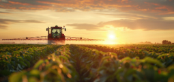 Vista em ângulo baixo e perspectiva ampla de um grande trator vermelho com barras laterais estendidas pulverizando uma plantação de cultivo baixo. O veículo se move em direção ao fundo, onde o sol brilha intensamente no horizonte durante um pôr do sol, colorindo as nuvens do céu com tons intensos de laranja, dourado e rosa. As fileiras simétricas de folhas verdes em primeiro plano guiam o olhar até a máquina no campo.