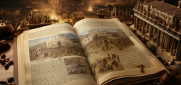Um cenário antigo e imersivo sobre uma mesa de madeira escura. No centro, há um grande livro histórico aberto exibindo ilustrações detalhadas de praças e monumentos da Roma Antiga com multidões. O livro é cercado por maquetes realistas e detalhadas em miniatura de templos romanos com colunas clássicas e ruínas arquitetônicas, banhadas por uma iluminação dourada, quente e dramática que simula o entardecer.