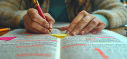 Close-up focado nas mãos de uma pessoa estudando sobre um livro aberto em uma mesa de madeira. Vestindo uma blusa de lã xadrez em tons de bege, ela segura uma caneta vermelha com detalhes dourados na mão direita para fazer anotações, enquanto apoia a mão esquerda sobre a página oposta. O texto impresso do livro exibe diversos trechos destacados com marcadores de texto nas cores laranja e rosa neon, além de uma nota adesiva quadrada amarela colada bem no centro das páginas.