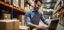 Um homem sorridente, vestindo uma camisa social azul de mangas dobradas, trabalha em um imenso centro de distribuição logística. Ele está inclinado sobre uma pilha de caixas de papelão lacradas em primeiro plano, digitando comandos em um notebook preto. Ao fundo, o cenário se estende com gigantescas prateleiras e estruturas metálicas industriais verticais, repletas de pacotes e estoques organizados sob a iluminação do teto do galpão.