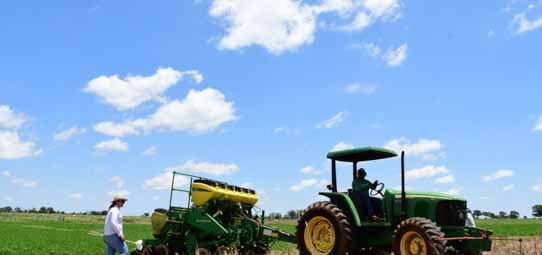 Trator agrícola verde e amarelo John Deere com plantadeira acoplada trabalha em campo de plantio. Uma pessoa com chapéu branco observa o maquinário ao lado. Céu azul com nuvens brancas e o horizonte verde da lavoura ao fundo criam um cenário típico de produção sucroalcooleira.