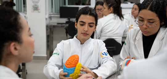 Aula prática de Psicologia com foco em neurociência. Estudante feminina jovem de jaleco branco com brasão do curso de Psicologia segura nas mãos um modelo anatômico colorido do cérebro humano dividido em lobos — laranja, azul, verde e amarelo — enquanto explica ou analisa as estruturas para as colegas. Outras estudantes de jaleco ao redor observam com atenção. Ao fundo, bancadas com computadores e outras alunas em laboratório de Psicologia.
